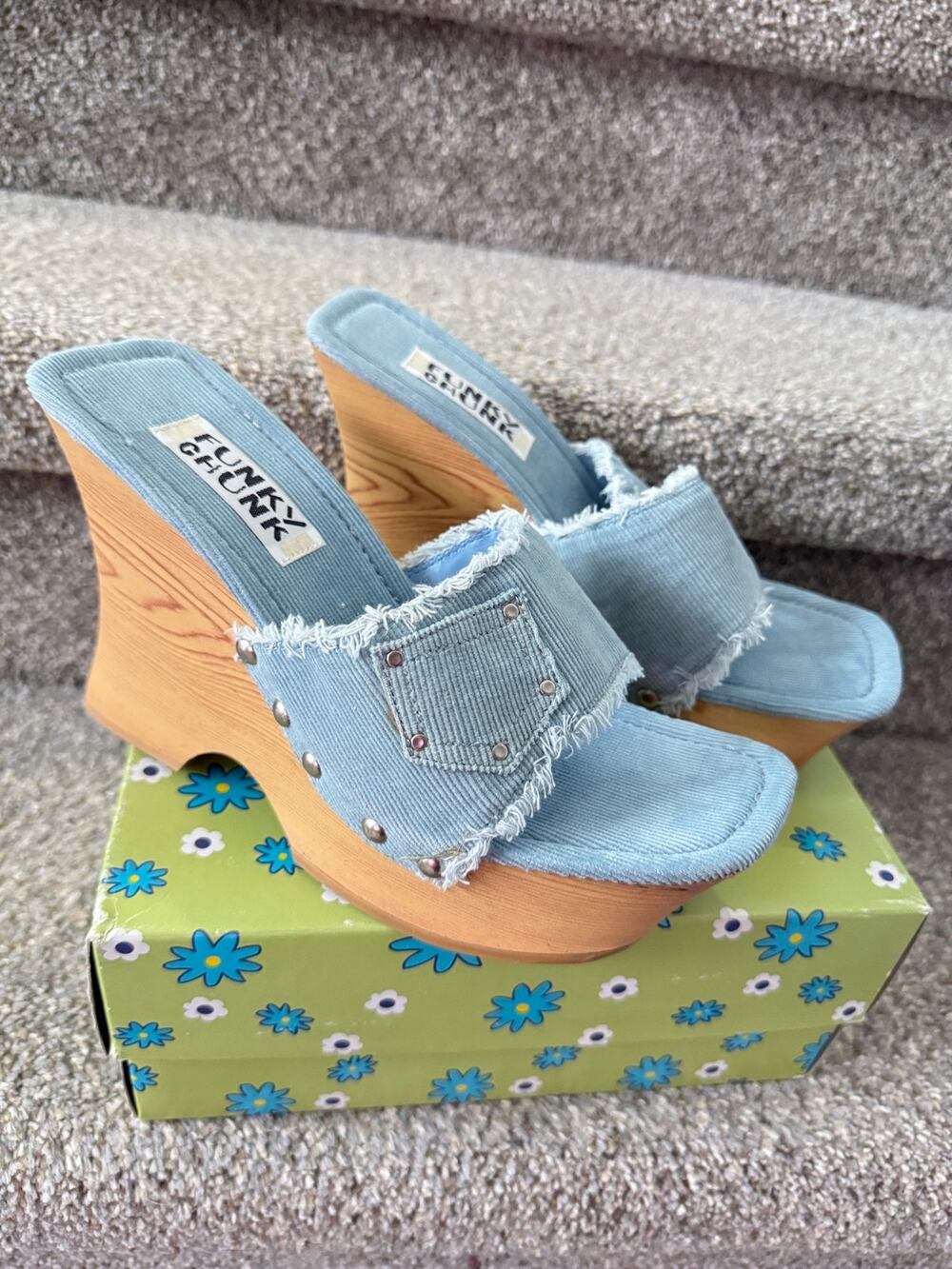 Rare Y2K Funky Chunk Platform Clogs Blue Corduroy Wooden Chunky Mules - Sz 9